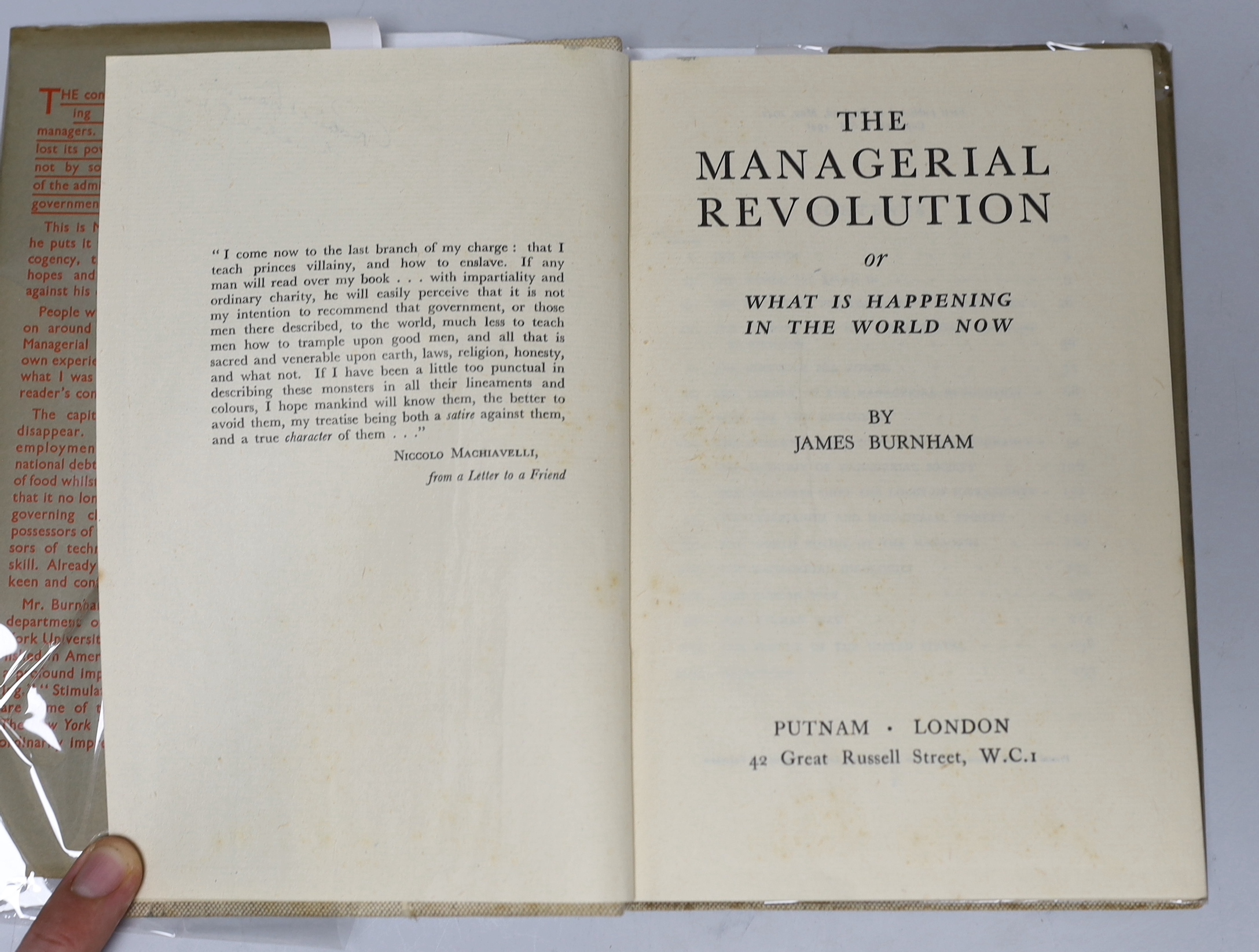 Burnham, James - The Managerial Revolution: or What is Happening in the World Now, 1st UK edition, 8vo, cloth in unclipped d/j, Putnam, London, 1942. Note: This work influenced George Orwell’s writings in the 1940’s.